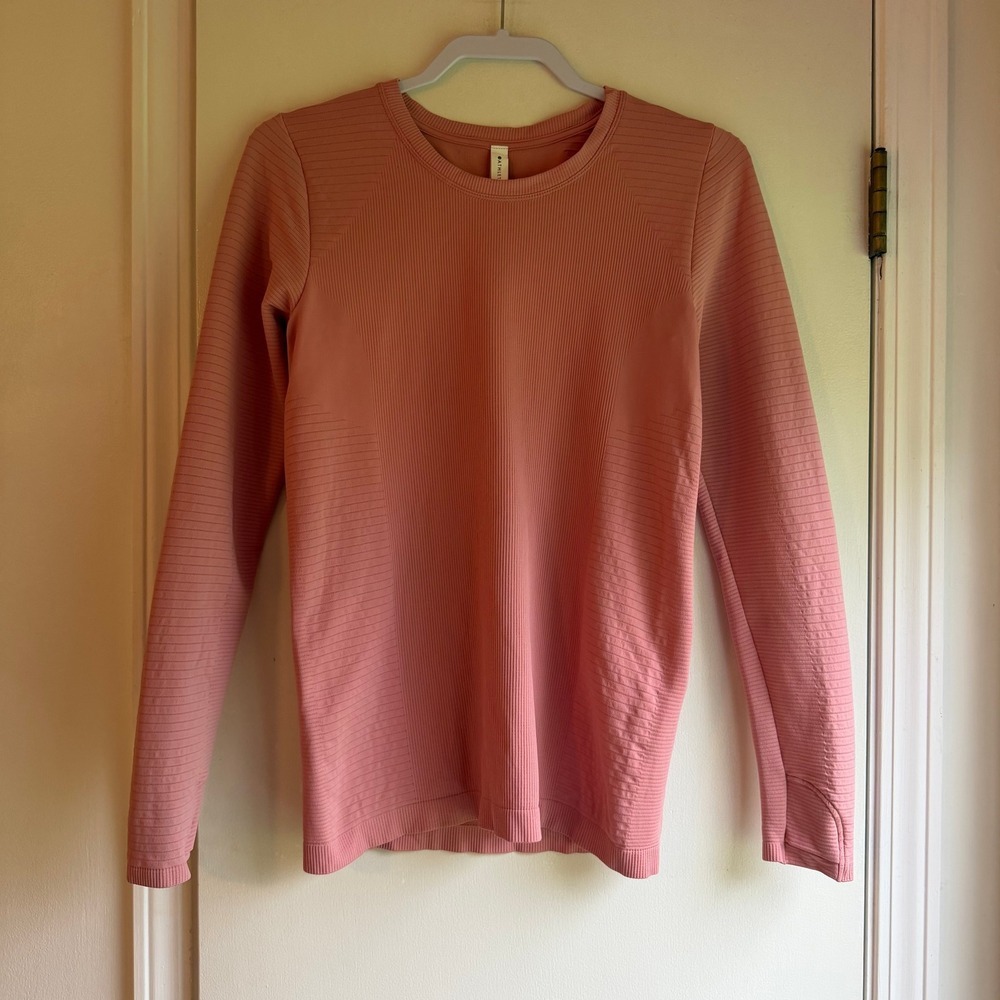 Athleta Momentum Seamless Long Sleeve Top Pink Rose Medium Thumbholes Running